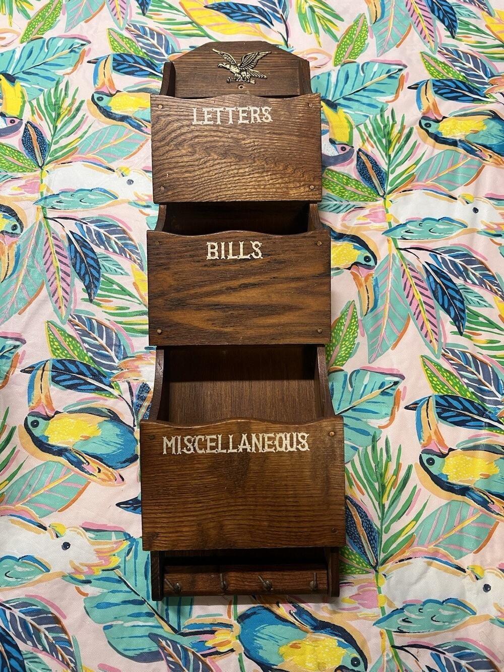 Vintage Wood Wall Mail Organizer Eagle Letters Bills Misc Key Hooks MCM